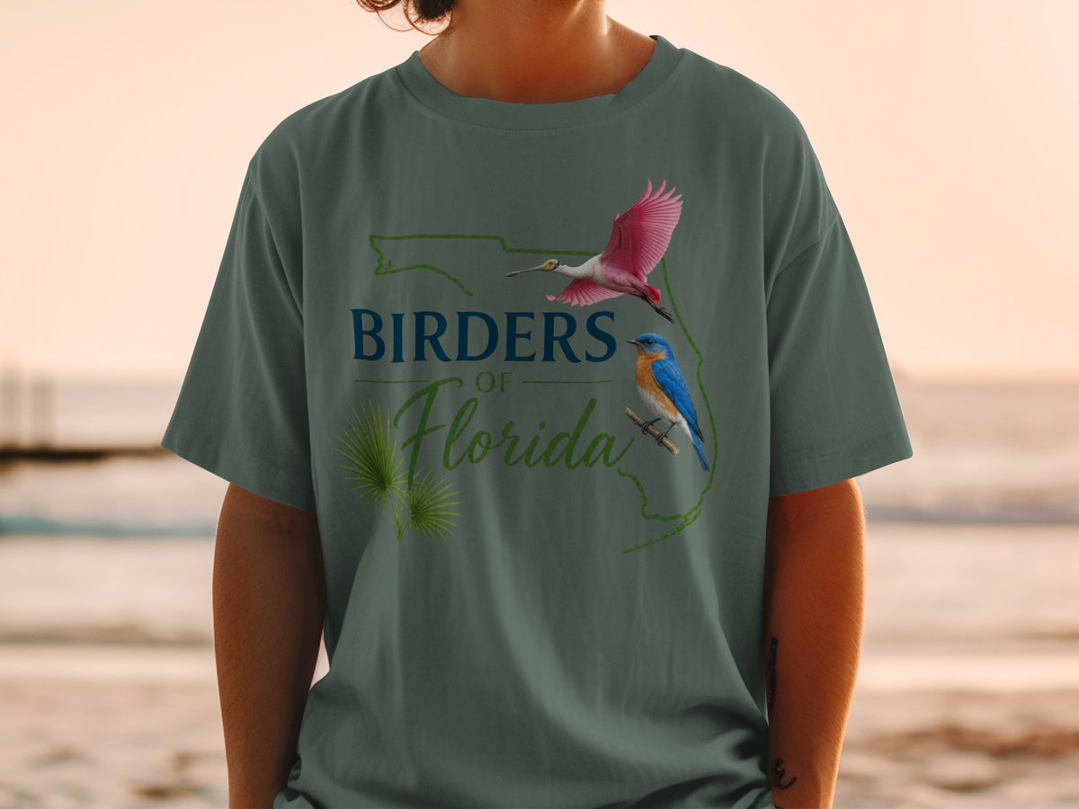 T-shirt with "Birders of Florida" text, a pink spoonbill, and a bluebird on Florida outline.
