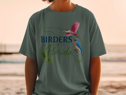 T-shirt with "Birders of Florida" text, a pink spoonbill, and a bluebird on Florida outline.