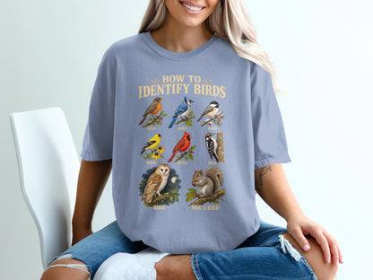 "How to Identify Birds" graphic with illustrations of seven birds and a squirrel.