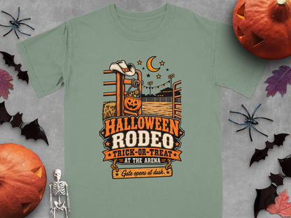 Halloween Rodeo Trick-or-Treat at the Arena shirt with cowboy hat and pumpkin.