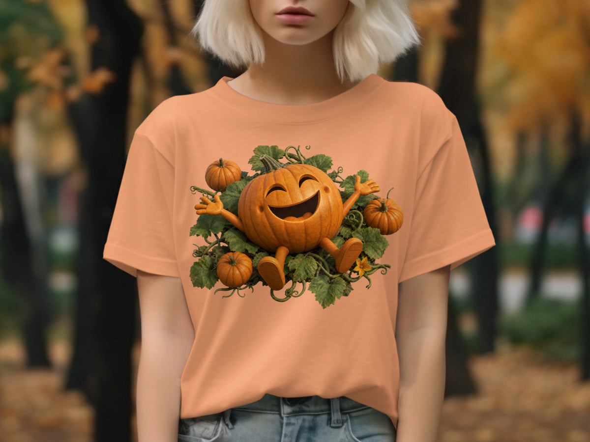 T-shirt with a smiling cartoon pumpkin and surrounding pumpkins and vines.