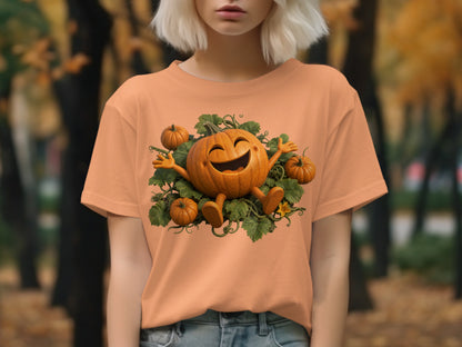 T-shirt with a smiling cartoon pumpkin and surrounding pumpkins and vines.