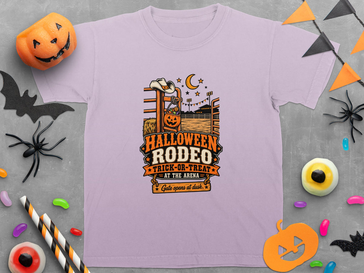 Lilac t-shirt with Halloween Rodeo Trick-or-Treat arena design.