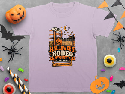 Lilac t-shirt with Halloween Rodeo Trick-or-Treat arena design.
