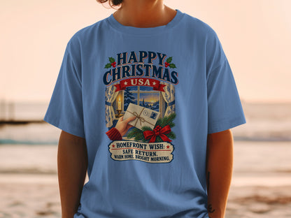 Happy Christmas USA design with a winter scene and holiday wish.