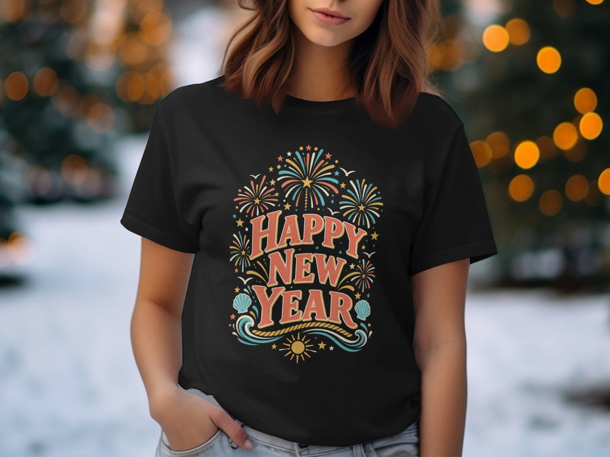 Black t-shirt with "Happy New Year" text, fireworks, and seashells.