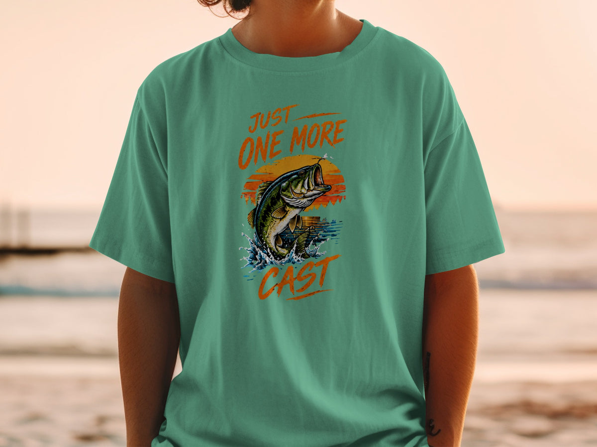 Green t-shirt with jumping bass graphic and text "JUST ONE MORE CAST".