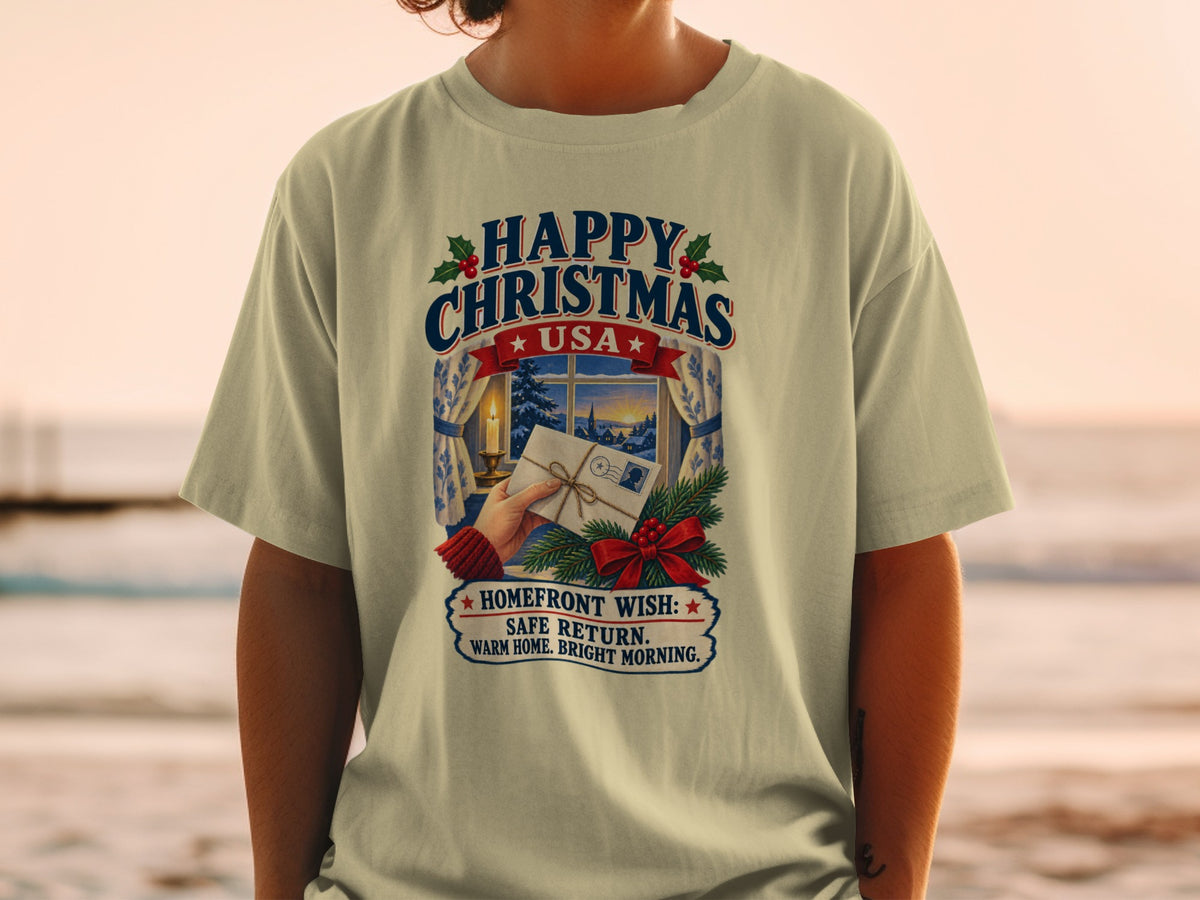 T-shirt with "Happy Christmas USA" and a winter scene with a letter.