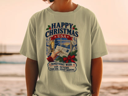 T-shirt with "Happy Christmas USA" and a winter scene with a letter.