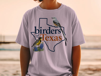 T-shirt with outline of Texas, "birders of Texas," and two birds.