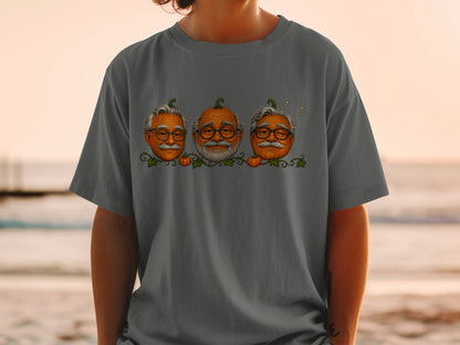 Three old men's faces are depicted as pumpkins with glasses and mustaches.