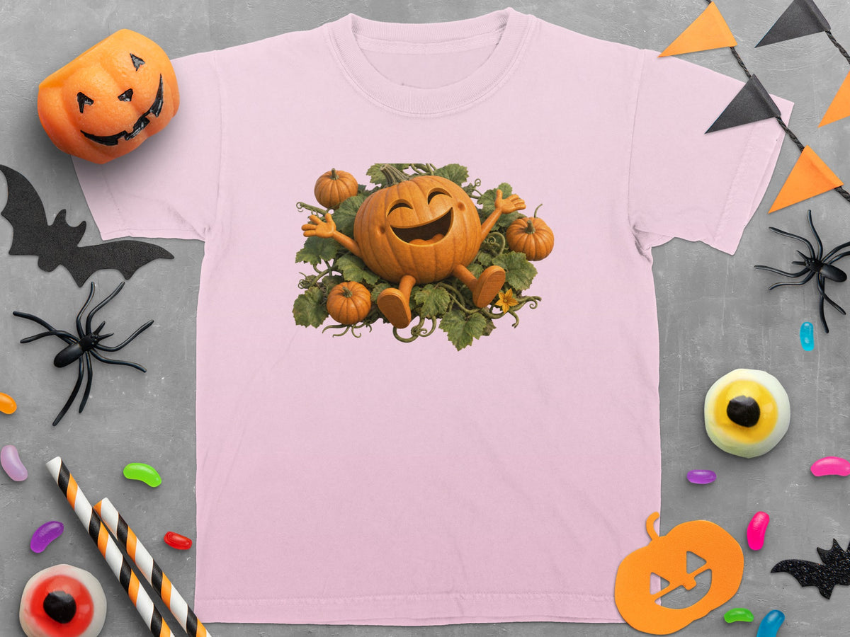 Pink t-shirt with a happy pumpkin character and surrounding Halloween decorations.