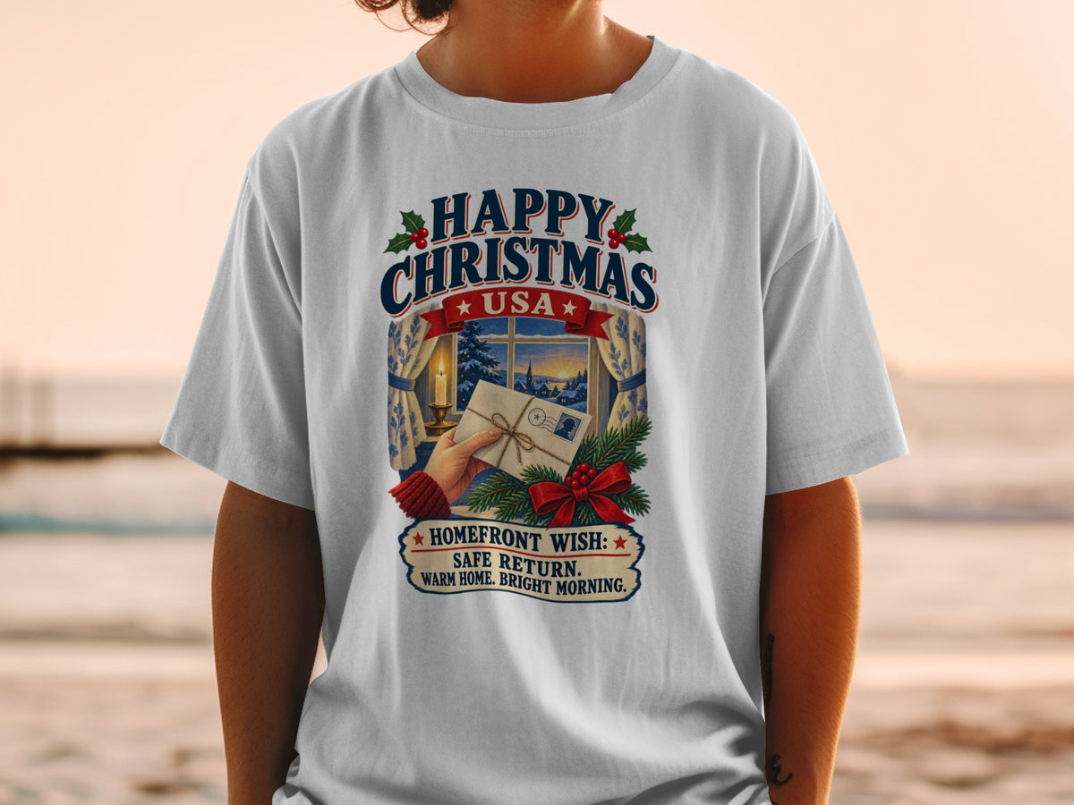 White t-shirt with "Happy Christmas USA" text and holiday scene.