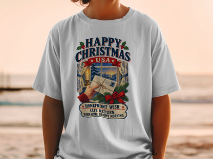 White t-shirt with "Happy Christmas USA" text and holiday scene.