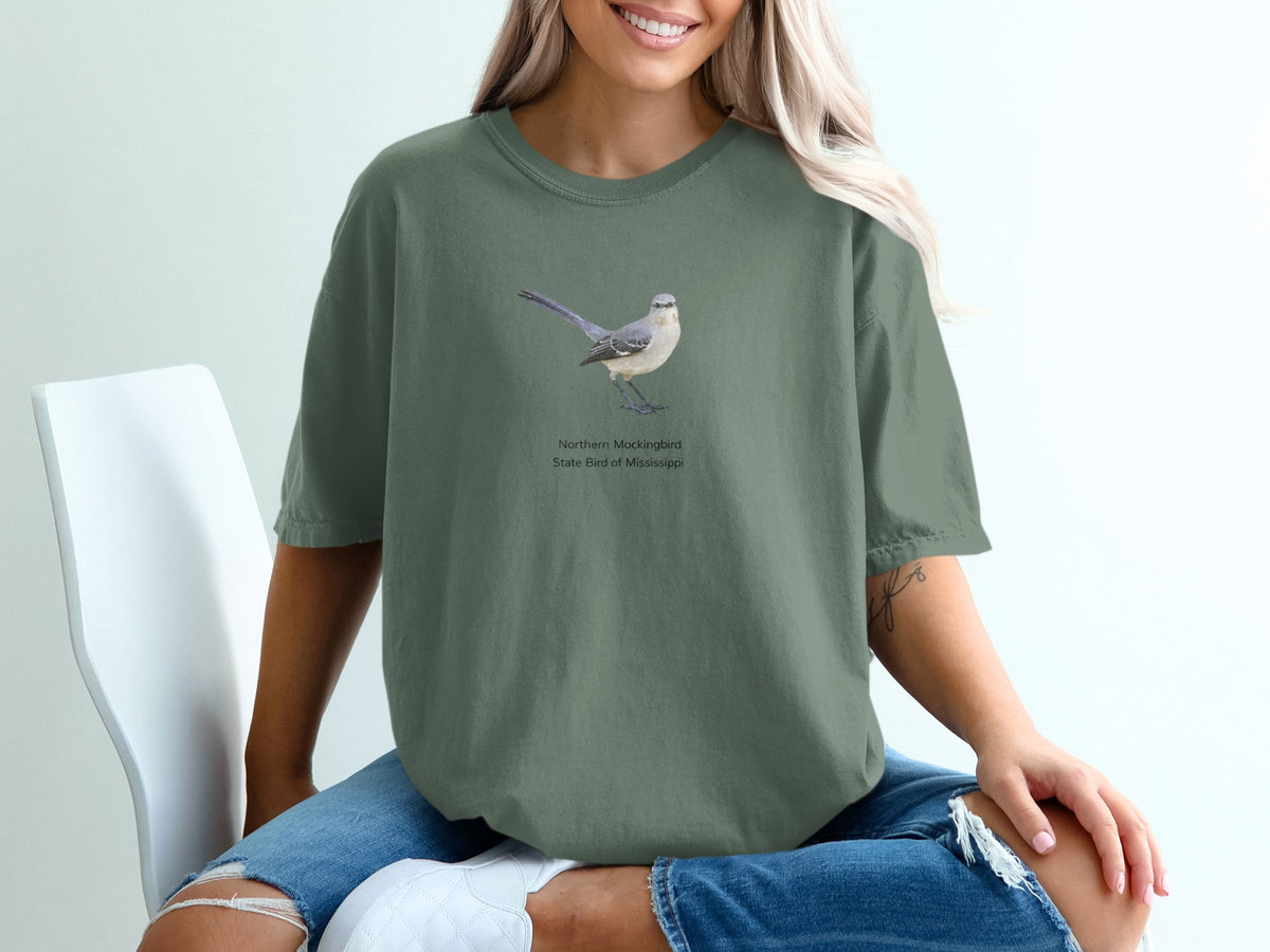 Green t-shirt with Northern Mockingbird and "State Bird of Mississippi" text.