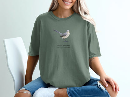 Green t-shirt with Northern Mockingbird and "State Bird of Mississippi" text.