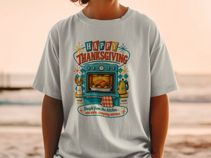 Happy Thanksgiving graphic with a turkey in an oven.
