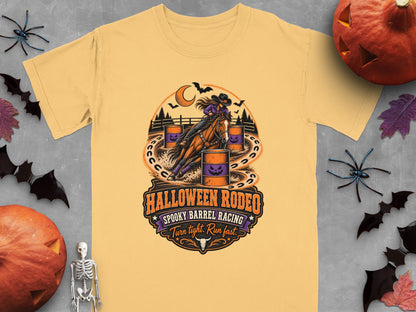 Yellow t-shirt with Halloween Rodeo spooky barrel racing graphic and text.