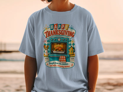 Happy Thanksgiving graphic with a roasted turkey in an oven.