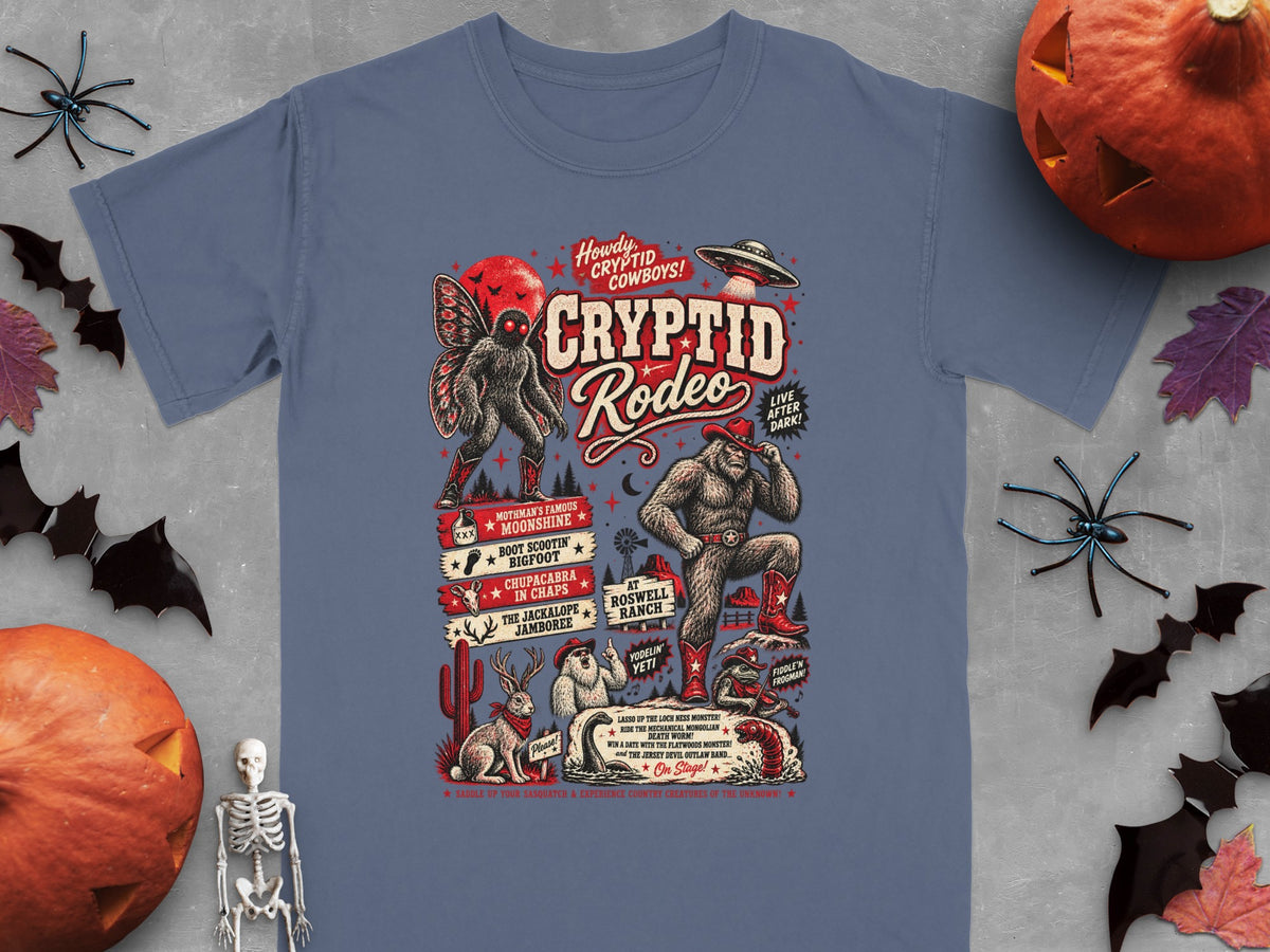Cryptid Rodeo graphic with Bigfoot, Mothman, Yeti, Chupacabra, Jackalope, and Loch Ness Monster.