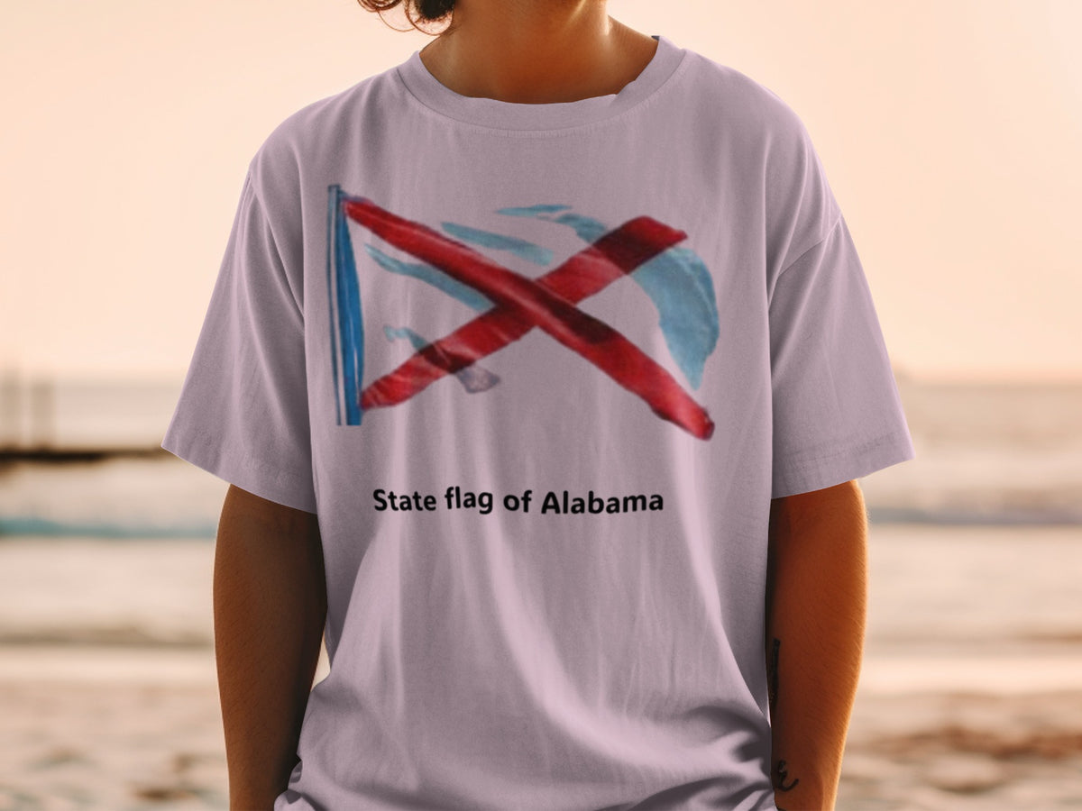 T-shirt with abstract Alabama flag design and text "State flag of Alabama".