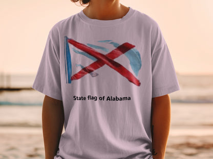 T-shirt with abstract Alabama flag design and text "State flag of Alabama".