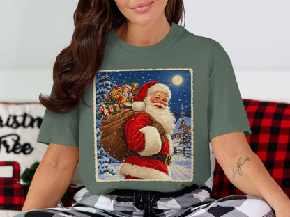 Vintage Santa Claus carrying a sack of gifts in a snowy village at night.