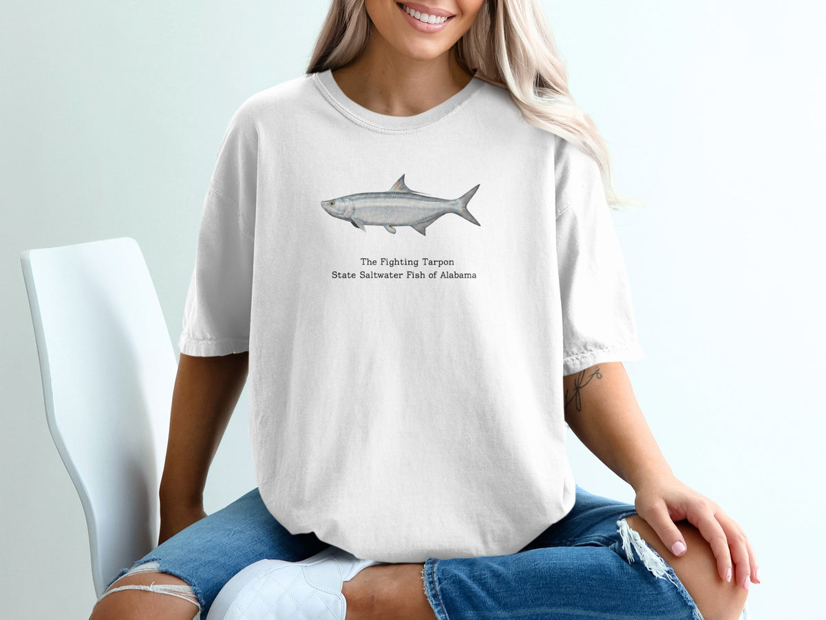 White t-shirt with a watercolor illustration of a tarpon and text "The Fighting Tarpon".