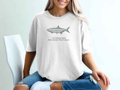 White t-shirt with a watercolor illustration of a tarpon and text "The Fighting Tarpon".