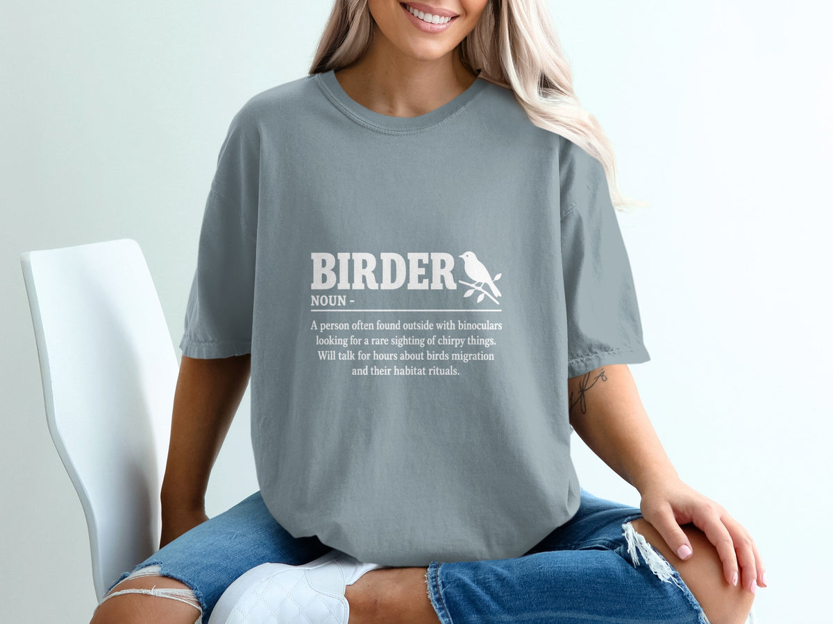 Grey t-shirt with "BIRDER" definition and bird graphic in white text.