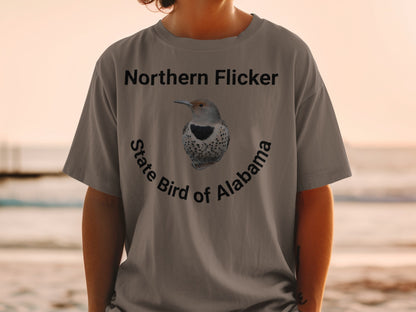 Gray t-shirt with "Northern Flicker State Bird of Alabama" text and a bird illustration.