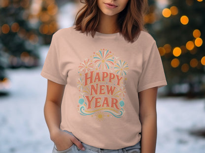 Peach t-shirt with "Happy New Year" text, fireworks, shells, and sun graphic.