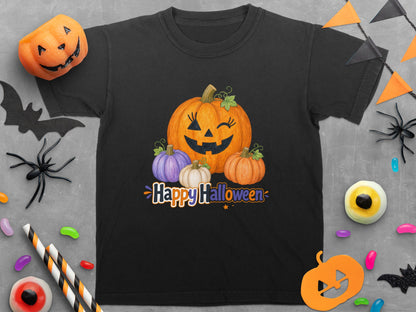 Black t-shirt with a "Happy Halloween" graphic featuring pumpkins and spooky decorations.
