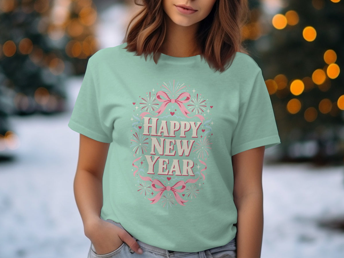 Light green t-shirt with "Happy New Year" text and pink bow graphic.