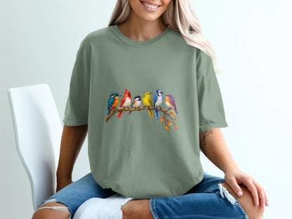 Watercolor illustration of seven colorful birds perched on a branch with autumn leaves.