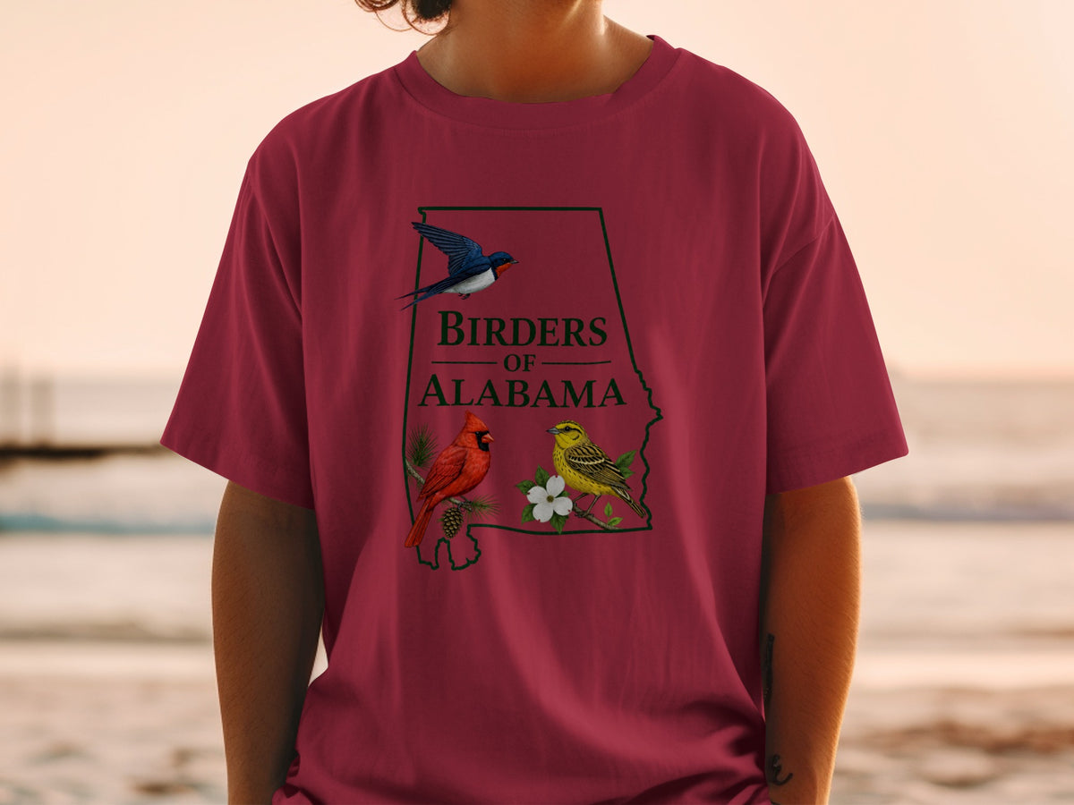 Crimson t-shirt with Alabama outline, bird graphic and "Birders Of Alabama" text.