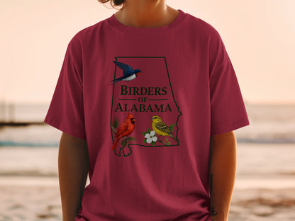 Crimson t-shirt with Alabama outline, bird graphic and "Birders Of Alabama" text.