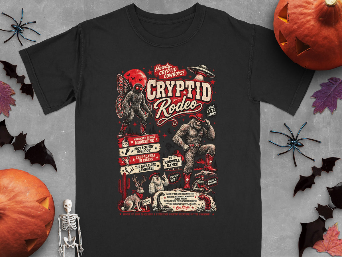 Black t-shirt with "Cryptid Rodeo" graphic featuring Bigfoot, Mothman, and other cryptids.
