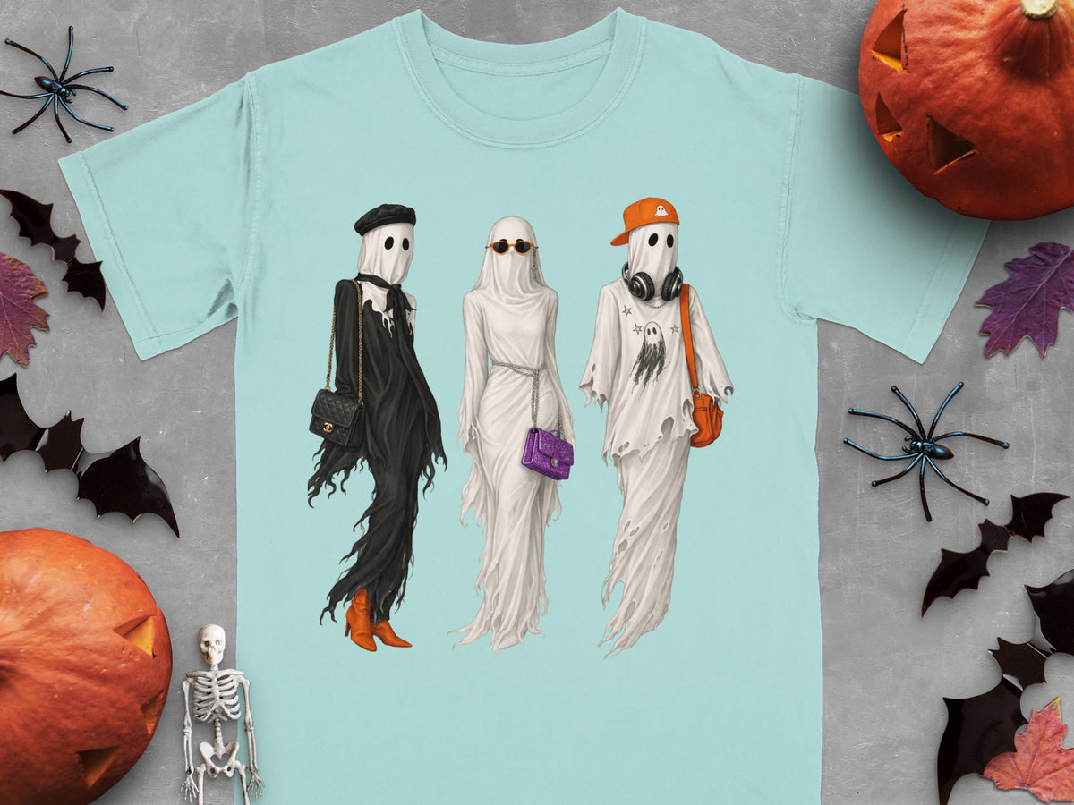 Three ghosts in stylish outfits and accessories, set against a pale blue background.