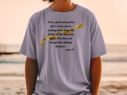 Light purple t-shirt with James 1:17 scripture and a gold ribbon design.