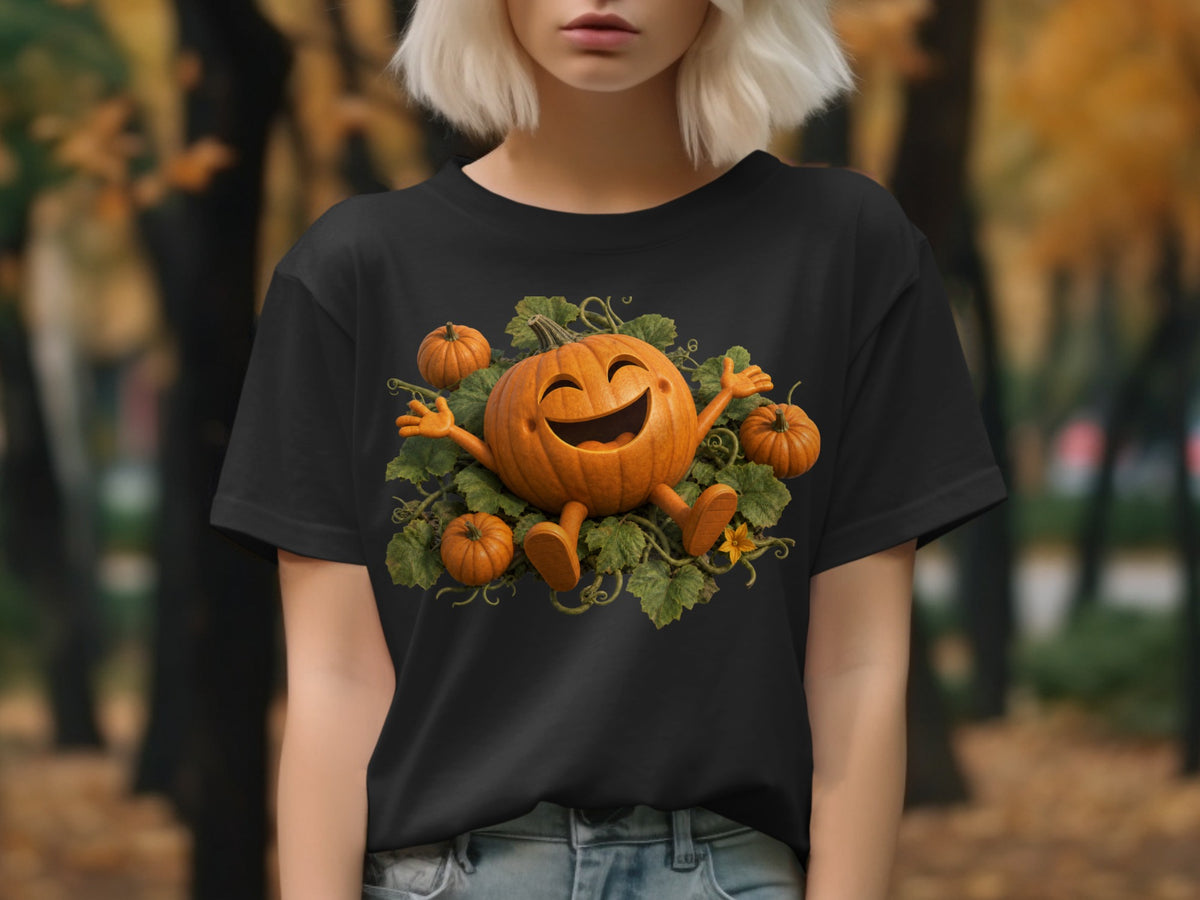 Black t-shirt with a smiling cartoon pumpkin and smaller pumpkins design.