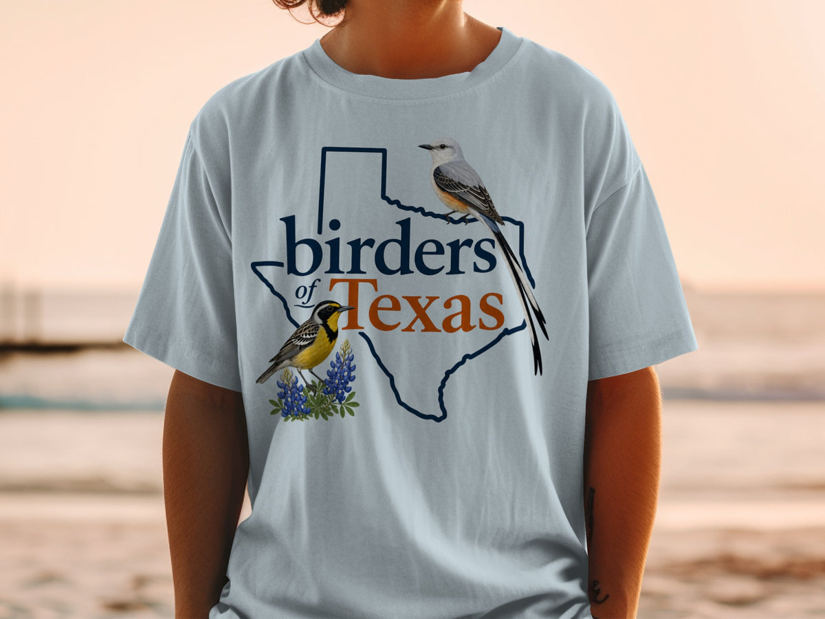 Birders of Texas t-shirt features two birds on the state outline.