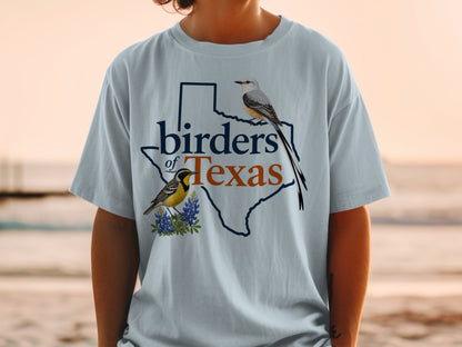 Birders of Texas t-shirt features two birds on the state outline.