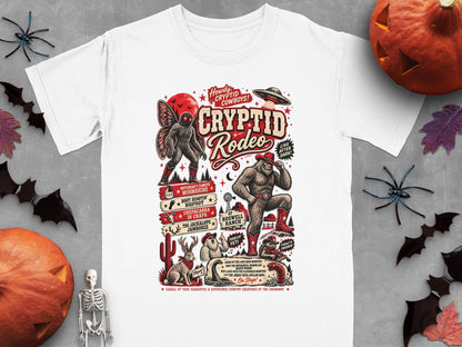 White t-shirt with Cryptid Rodeo graphic featuring Bigfoot, Mothman, UFO, and other creatures.