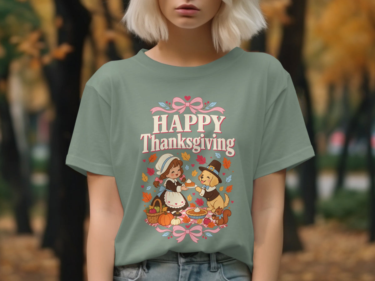 Thanksgiving graphic with pilgrim girl and dog sharing pie, "Happy Thanksgiving" text.