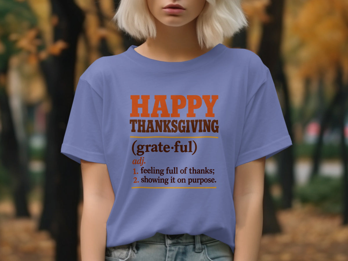 Purple t-shirt with "Happy Thanksgiving" and its dictionary definition.
