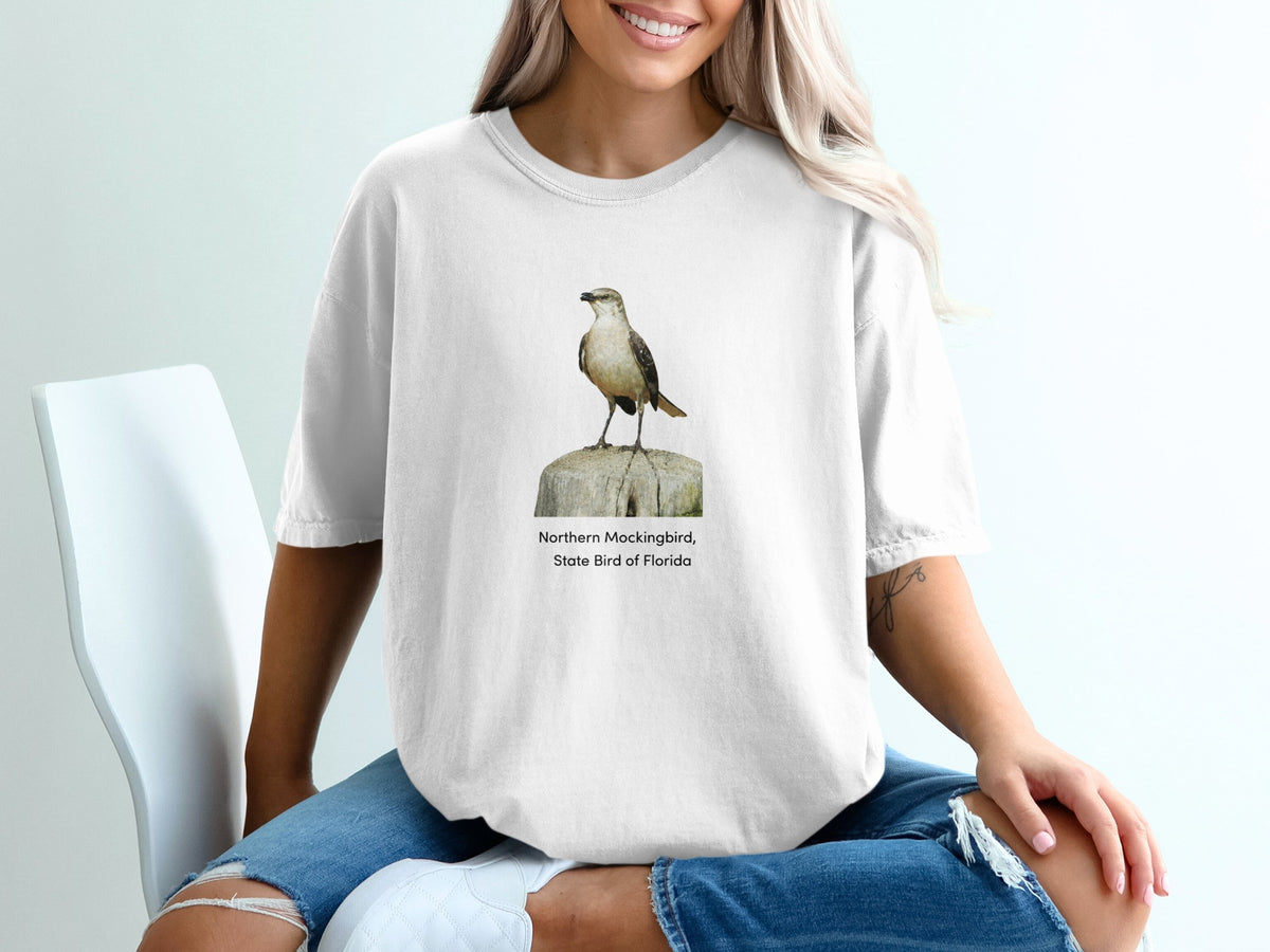 White t-shirt with Northern Mockingbird, State Bird of Florida graphic.