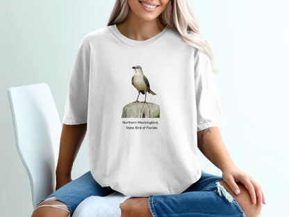 White t-shirt with Northern Mockingbird, State Bird of Florida graphic.
