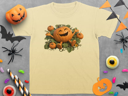 Light yellow t-shirt with a cartoon pumpkin character surrounded by smaller pumpkins and leaves.