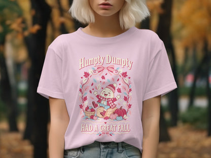 Humpty Dumpty graphic with text "Had a Great Fall" on a pink t-shirt.